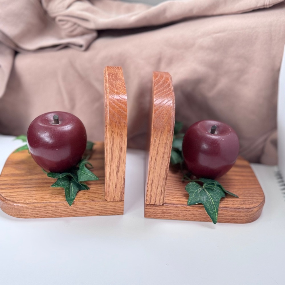 Vintage Wood Apple Bookends Ivy Red Cottage Granny Library Teacher Gift Decor